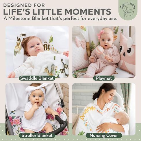 بطانية Bliss n 'Baby الشهرية للفتيات الصغيرات - 60 بوصة × 40 بوصة - بطانية خالية من التجاعيد لعمر الطفل مع مخطط النمو - قابلة للغسل والتجفيف - مع إكليل وعصابة رأس - موضوع زهري in Saudi Arabia