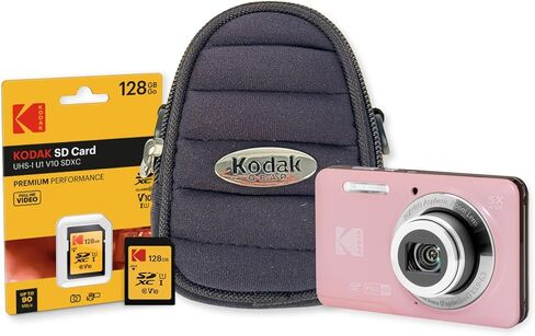 حزمة كاميرا رقمية Kodak PixPro FZ55 Friendly Zoom Pastel Pink 16MP Full HD مع بطاقة SD عالية السرعة سعة 128 جيجابايت وحقيبة صغيرة سوداء (3 عناصر) in Kuwait