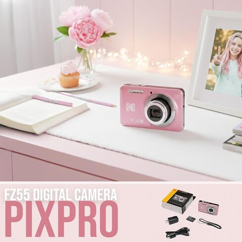 حزمة كاميرا رقمية Kodak PixPro FZ55 Friendly Zoom Pastel Pink 16MP Full HD مع بطاقة SD عالية السرعة سعة 128 جيجابايت وحقيبة صغيرة سوداء (3 عناصر) in Kuwait