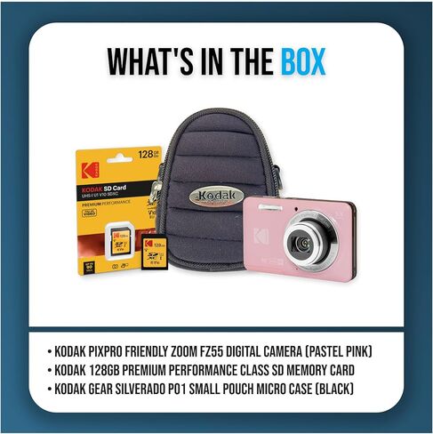 حزمة كاميرا رقمية Kodak PixPro FZ55 Friendly Zoom Pastel Pink 16MP Full HD مع بطاقة SD عالية السرعة سعة 128 جيجابايت وحقيبة صغيرة سوداء (3 عناصر) in Kuwait