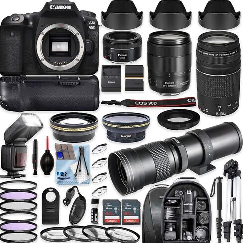 Canon EOS 90D DSLR Camera with Canon 18-135mm/ EF 50mm f/1.8 STM/EF 75-300mm f/4-5.6 III + 420-800mm f/8.3 HD Telephoto Zoom Lenses+TTL Flash+Backpack+Deluxe Accessory Bundle (Renewed), Black in Saudi Arabia