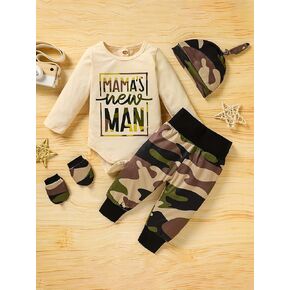 طقم قميص وسروال للأطفال بأكمام طويلة ورقبة دائرية - بلوزة بطبعة حروف وبنطلون بطبعة مخططة للنزهات in Kuwait