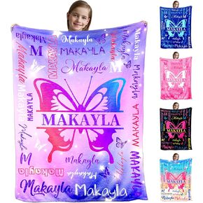 Ships Next Day, Personalized Blankets and Throws Letter Butterfly Rainbow Pattern Custom Blanket with Name Customized Flannel Blanket for Kids Christmas Blanket Gifts for Teen Girls Boys in Saudi Arabia