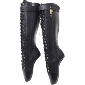 High Heels 18CM Heelless Ballet Knee Mid Calf Boots Upper Lock Patent Leather PU,Black-41 in Saudi Arabia