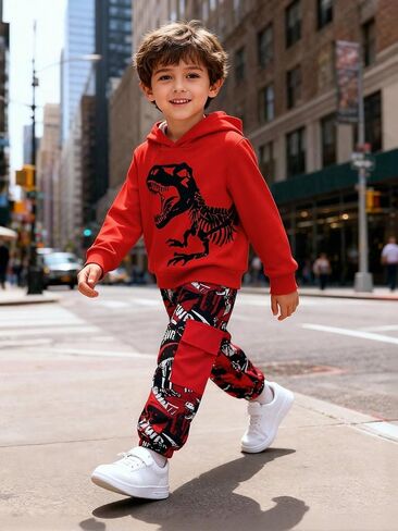 Boys Sweatsuits Two Pieces Pants Set Dinosaur Printed Hoodies Sweatshirt and Sweatpants Set Outfit Sets for Boy 4-8Y in Saudi Arabia