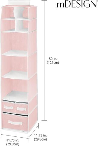 mDesign Fabric Hanging Organizer - Over Closet Rod Storage - 7 Shelves/3 Removable Drawers for Baby Nursery or Bedroom Organization, Holds Clothes, Toys, Accessories, Jane Collection, Pink/White in Saudi Arabia