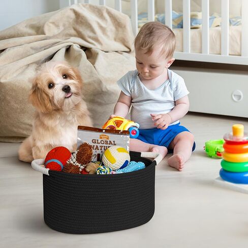 سلة لعبة الكلب المنسوجة، 15.7 بوصة × 11 بوصة × 8 بوصة، صندوق صندوق ألعاب للكلاب من الحبال القطنية لغرفة المعيشة، صندوق مستلزمات الحيوانات الأليفة للقطط المزخرف بمقابض، منظم سلة ألعاب القطط الناعمة، حامل تخزين من الخيزران، أسود in Kuwait