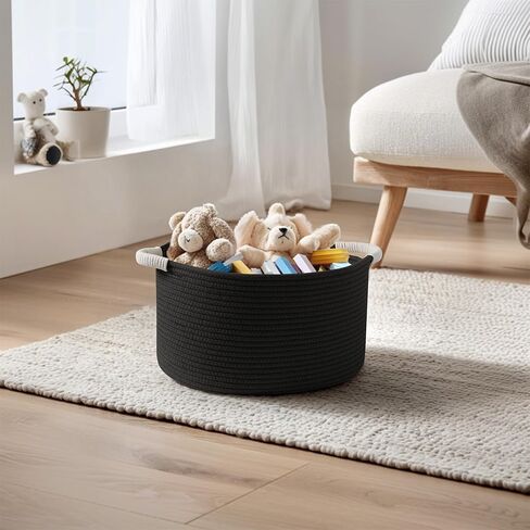 سلة لعبة الكلب المنسوجة، 15.7 بوصة × 11 بوصة × 8 بوصة، صندوق صندوق ألعاب للكلاب من الحبال القطنية لغرفة المعيشة، صندوق مستلزمات الحيوانات الأليفة للقطط المزخرف بمقابض، منظم سلة ألعاب القطط الناعمة، حامل تخزين من الخيزران، أسود in Kuwait