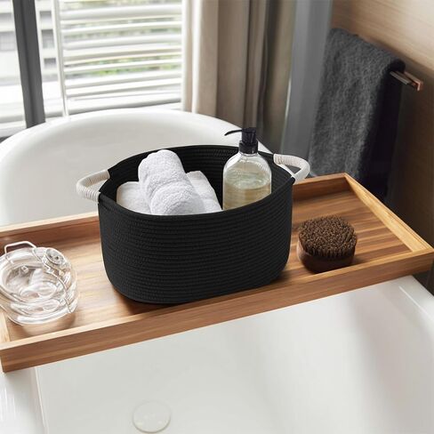 سلة لعبة الكلب المنسوجة، 15.7 بوصة × 11 بوصة × 8 بوصة، صندوق صندوق ألعاب للكلاب من الحبال القطنية لغرفة المعيشة، صندوق مستلزمات الحيوانات الأليفة للقطط المزخرف بمقابض، منظم سلة ألعاب القطط الناعمة، حامل تخزين من الخيزران، أسود in Kuwait