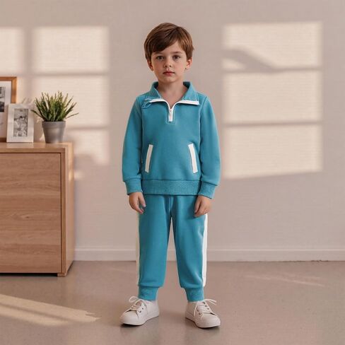 WZTYYDS Toddler Baby Boy Fall Clothes 2T 3T 4T 5T Contrast Trim Half Zip-up Long Sleeve Sweatshirt Pants 2 Pcs Outfits in Saudi Arabia