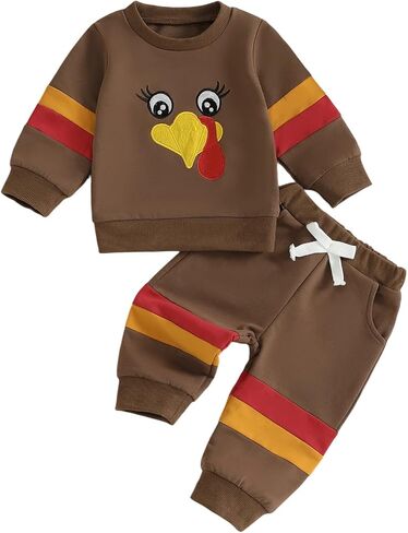 Baby Boy Thanksgiving Outfit Letter Turkey Long Sleeve Sweatshirt Elastic Waist Pants Sets 2 Piece Fall Clothes in Saudi Arabia