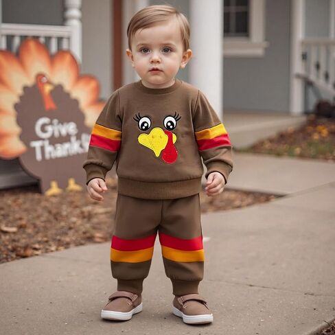 Baby Boy Thanksgiving Outfit Letter Turkey Long Sleeve Sweatshirt Elastic Waist Pants Sets 2 Piece Fall Clothes in Saudi Arabia