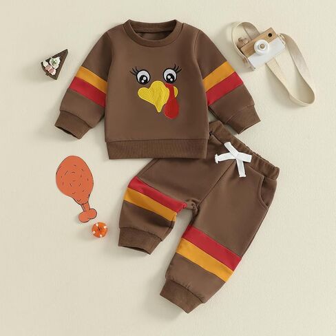 Baby Boy Thanksgiving Outfit Letter Turkey Long Sleeve Sweatshirt Elastic Waist Pants Sets 2 Piece Fall Clothes in Saudi Arabia