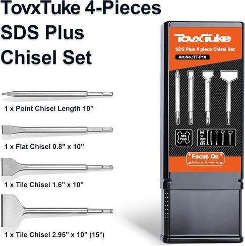 مجموعة أزميل TovxTuke SDS Plus، مجموعة أدوات فولاذية مكونة من 4 قطع للبلاط، إزميل مسطح ومدبب، مصنوع من الفولاذ فائق الصلابة in Saudi Arabia