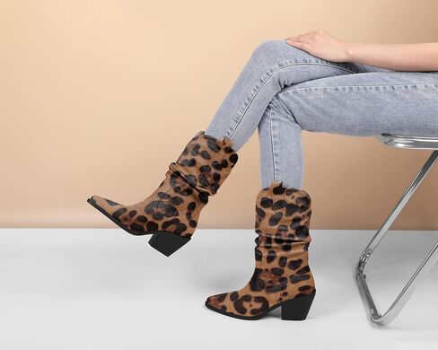 Esvowido Womens Slouchy Western Cowboy Cowgirl Retro Mid calf Boots Faux Suede Leather Stylish Booties Outdoor Travel in Saudi Arabia
