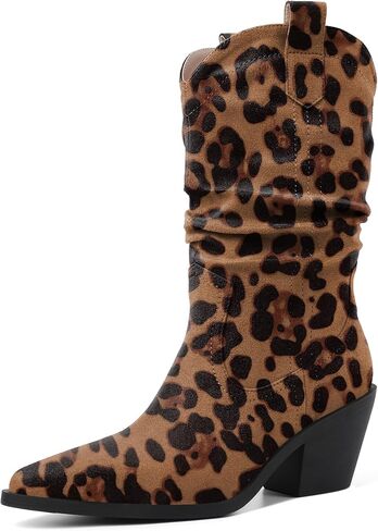 Esvowido Womens Slouchy Western Cowboy Cowgirl Retro Mid calf Boots Faux Suede Leather Stylish Booties Outdoor Travel in Saudi Arabia