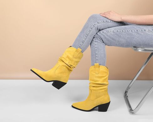 Esvowido Womens Slouchy Western Cowboy Cowgirl Retro Mid calf Boots Faux Suede Leather Stylish Booties Outdoor Travel in Saudi Arabia
