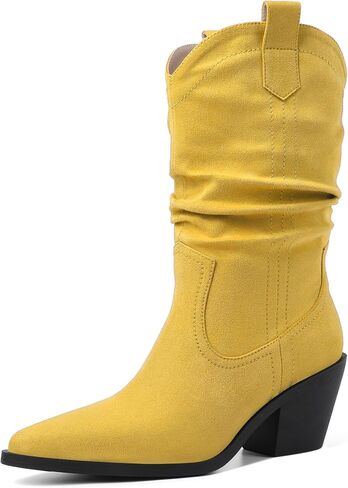 Esvowido Womens Slouchy Western Cowboy Cowgirl Retro Mid calf Boots Faux Suede Leather Stylish Booties Outdoor Travel in Saudi Arabia
