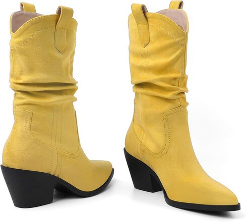 Esvowido Womens Slouchy Western Cowboy Cowgirl Retro Mid calf Boots Faux Suede Leather Stylish Booties Outdoor Travel in Saudi Arabia