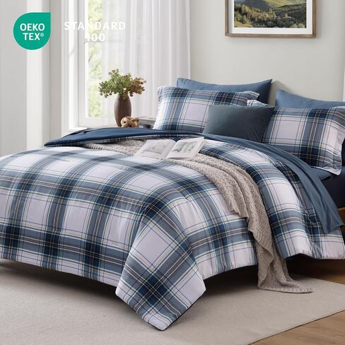 MaiRêve Plaid Queen Comforter Sets Khaki, Classic Farmhouse Bedding Set Bed in A Bag 7 Pieces, Lightweight All Season Comforter Set with Fitted & Flat Sheet, Pillowcases & Shams in Saudi Arabia