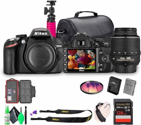 Nikon D3200 24.2MP DSLR Camera Kit with 18-55mm VR Zoom Lens – Full HD 1080p Video Capture, Fast 11-Point Autofocus System + 128GB Memory Card + Protective Memory Card Case + Camera Bag + More in Saudi Arabia