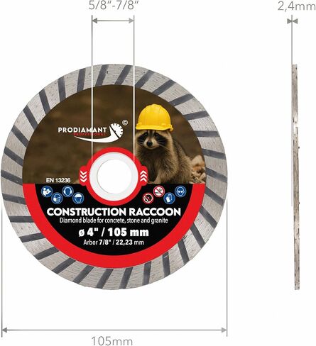 PRODIAMANT Construction Racoon شفرة ماسية مقاس 4 بوصات (105 مم) - EN 13236 - تقطع الحجر الطبيعي والبورسلين والسيراميك والجرانيت والبناء - تناسب مطاحن الزوايا ومناشير البلاط in Saudi Arabia