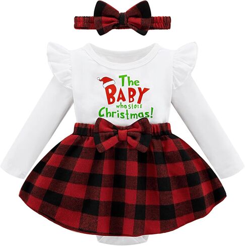 Newborn Baby Girl Christmas Outfit Infant Velvet Ruffle Long Sleeve Romper Dress + Headband Clothes Set 0-18 Months in Saudi Arabia