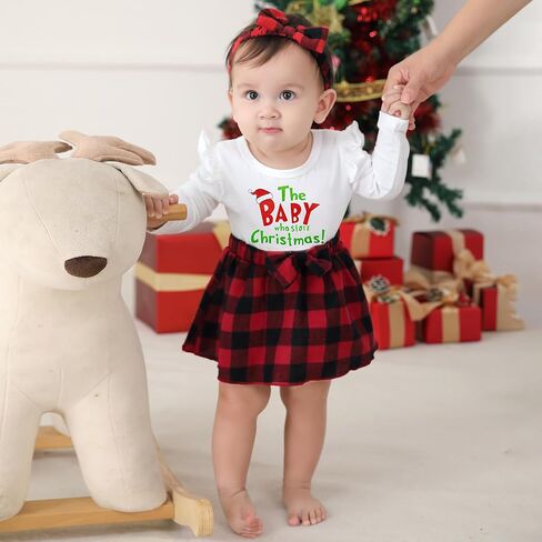 Newborn Baby Girl Christmas Outfit Infant Velvet Ruffle Long Sleeve Romper Dress + Headband Clothes Set 0-18 Months in Saudi Arabia