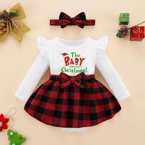 Newborn Baby Girl Christmas Outfit Infant Velvet Ruffle Long Sleeve Romper Dress + Headband Clothes Set 0-18 Months in Saudi Arabia