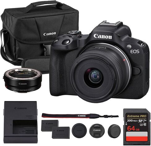Canon EOS R50 Mirrorless Camera | 24.2MP APS-C, 4K 30p Video, Dual Pixel AF II, 15fps Burst, Vari-Angle Screen, Beginner Vlogging Camera (5811C002) + LP-E17 Battery + Canon Shoulder Bag + 64GB Card in Saudi Arabia