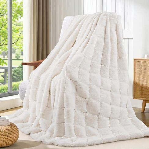 Touchat Faux Fur Throw Blanket, Luxury 1000GSM Ultra Thick Warm Rabbit Blanket for Couch Bed Sofa, 3D Checkered Pattern Soft Winter Heavy Minky Fluffy Blankets for Women Christmas Birthday Gift, White in Kuwait