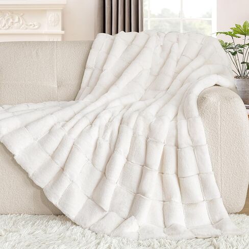 Touchat Faux Fur Throw Blanket, Luxury 1000GSM Ultra Thick Warm Rabbit Blanket for Couch Bed Sofa, 3D Checkered Pattern Soft Winter Heavy Minky Fluffy Blankets for Women Christmas Birthday Gift, White in Kuwait
