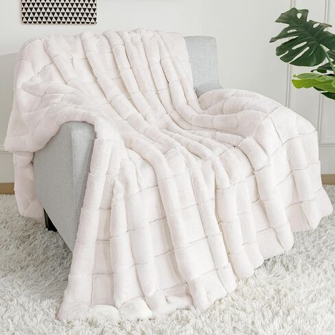 Touchat Faux Fur Throw Blanket, Luxury 1000GSM Ultra Thick Warm Rabbit Blanket for Couch Bed Sofa, 3D Checkered Pattern Soft Winter Heavy Minky Fluffy Blankets for Women Christmas Birthday Gift, White in Kuwait