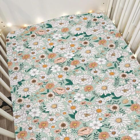 Spring Boho Floral Baby Crib Sheets for Boy Girl 28"x52" Neutral Green Flowers Leaves Soft Stretchy Fitted Crib Mattress Cover Pastel Peony Daisy Nursery Baby Sheet for Crib & Toddler Bed Mattresses in Saudi Arabia