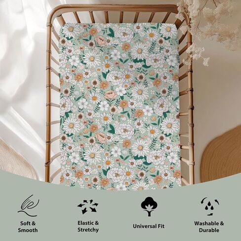 Spring Boho Floral Baby Crib Sheets for Boy Girl 28"x52" Neutral Green Flowers Leaves Soft Stretchy Fitted Crib Mattress Cover Pastel Peony Daisy Nursery Baby Sheet for Crib & Toddler Bed Mattresses in Saudi Arabia