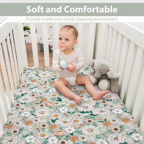 Spring Boho Floral Baby Crib Sheets for Boy Girl 28"x52" Neutral Green Flowers Leaves Soft Stretchy Fitted Crib Mattress Cover Pastel Peony Daisy Nursery Baby Sheet for Crib & Toddler Bed Mattresses in Saudi Arabia