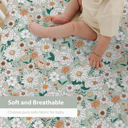 Spring Boho Floral Baby Crib Sheets for Boy Girl 28"x52" Neutral Green Flowers Leaves Soft Stretchy Fitted Crib Mattress Cover Pastel Peony Daisy Nursery Baby Sheet for Crib & Toddler Bed Mattresses in Saudi Arabia
