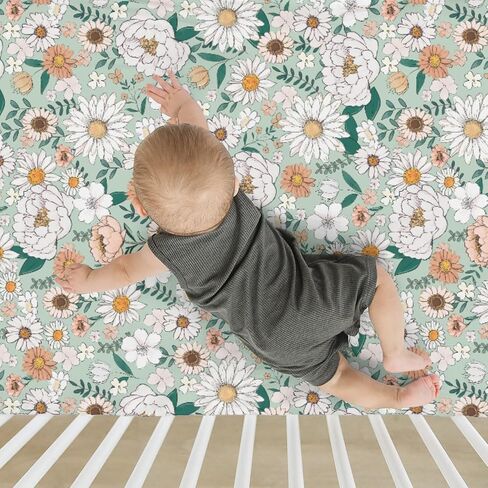 Spring Boho Floral Baby Crib Sheets for Boy Girl 28"x52" Neutral Green Flowers Leaves Soft Stretchy Fitted Crib Mattress Cover Pastel Peony Daisy Nursery Baby Sheet for Crib & Toddler Bed Mattresses in Saudi Arabia