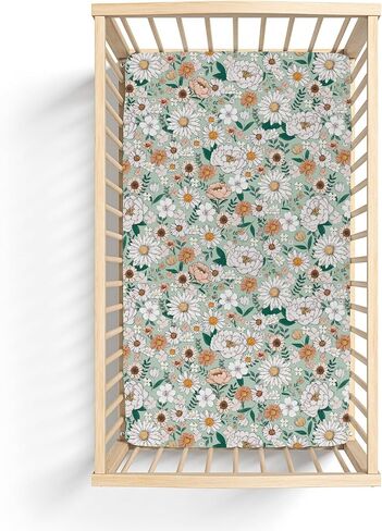 Spring Boho Floral Baby Crib Sheets for Boy Girl 28"x52" Neutral Green Flowers Leaves Soft Stretchy Fitted Crib Mattress Cover Pastel Peony Daisy Nursery Baby Sheet for Crib & Toddler Bed Mattresses in Saudi Arabia