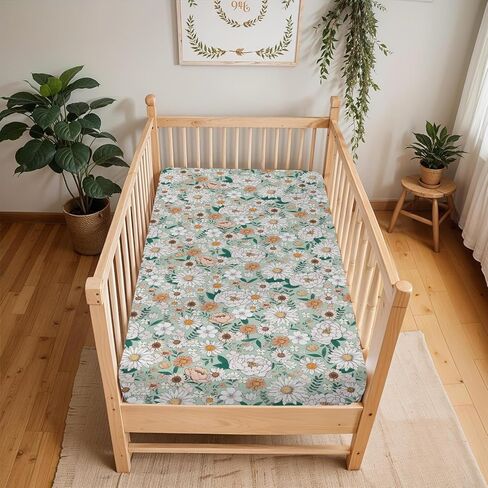 Spring Boho Floral Baby Crib Sheets for Boy Girl 28"x52" Neutral Green Flowers Leaves Soft Stretchy Fitted Crib Mattress Cover Pastel Peony Daisy Nursery Baby Sheet for Crib & Toddler Bed Mattresses in Saudi Arabia