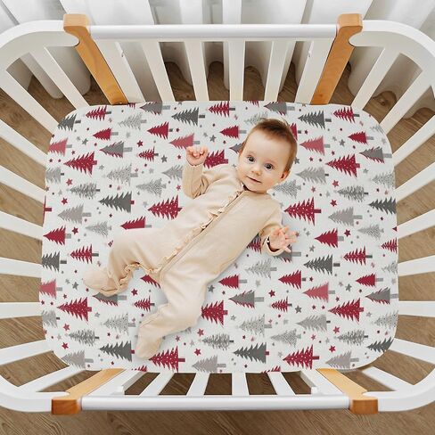 Baby Crib Sheet White Red Gray Christmas Tree Crib Mattress for Boys and Girls Playard Sheet Soft Breathable Fitted Baby Mattress Cover 52x28in in Saudi Arabia