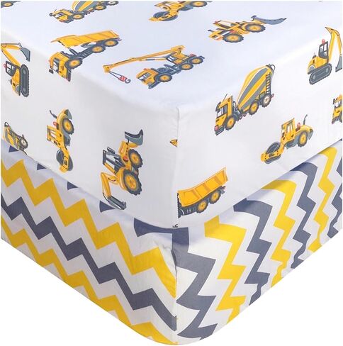 Cotton 2 Pack Fitted Crib Sheets Set for Baby Boy Nursery - Construction Trucks and Chevron (Yellow and Gray) - fits Standard Crib and Toddler Bed Mattresses in Saudi Arabia