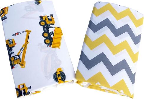 Cotton 2 Pack Fitted Crib Sheets Set for Baby Boy Nursery - Construction Trucks and Chevron (Yellow and Gray) - fits Standard Crib and Toddler Bed Mattresses in Saudi Arabia