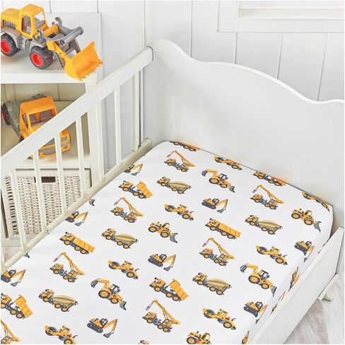 Cotton 2 Pack Fitted Crib Sheets Set for Baby Boy Nursery - Construction Trucks and Chevron (Yellow and Gray) - fits Standard Crib and Toddler Bed Mattresses in Saudi Arabia