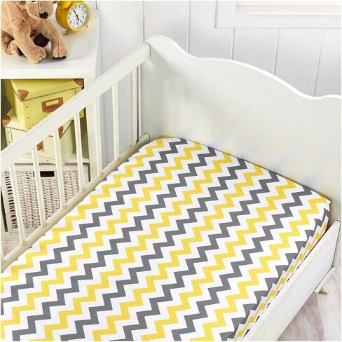 Cotton 2 Pack Fitted Crib Sheets Set for Baby Boy Nursery - Construction Trucks and Chevron (Yellow and Gray) - fits Standard Crib and Toddler Bed Mattresses in Saudi Arabia