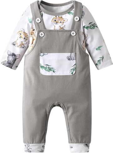 Baby Boy Clothes Infant Animal Baby Print Romper Overall Suspenders Pants Outfits 2Pcs Outfit Set in Kuwait