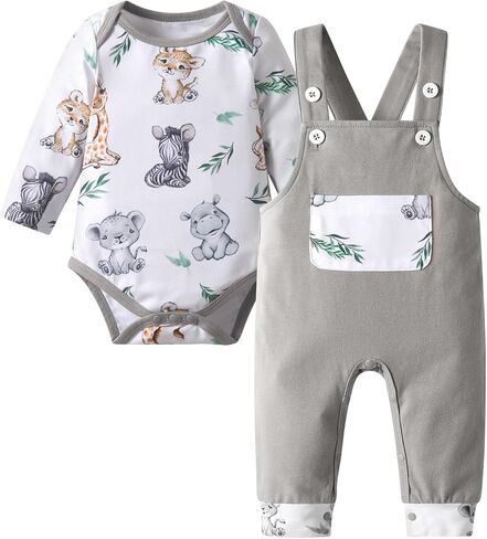 Baby Boy Clothes Infant Animal Baby Print Romper Overall Suspenders Pants Outfits 2Pcs Outfit Set in Kuwait