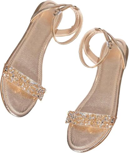 GORGLITTER Women's Metallic Sparkly Flat Sandals Dressy Summer Ankle Strap Open Toe Bridal Wedding Dress Shoes in Saudi Arabia