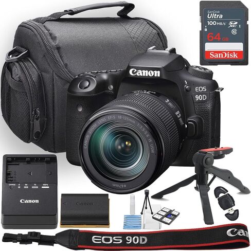 Canon EOS 90D DSLR Camera w/EF-S 18-135mm f/3.5-5.6 is USM Lens + Camera Case + 64GB Memory + Deluxe Starter Kit + Hand Grip Stabilizer Tripod + More (14pc Bundle) (Renewed) in Saudi Arabia