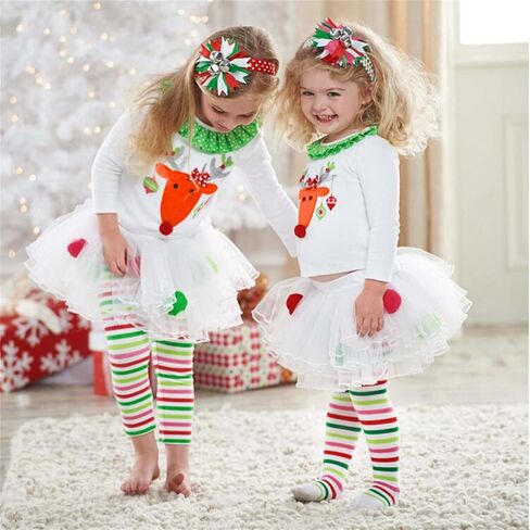 Toddler Baby Girls Christmas Outfit Kids Clothes Reindeer T-Shirts +Pom Poms Tulle Tutu +Striped Leggings Pants Set in Saudi Arabia
